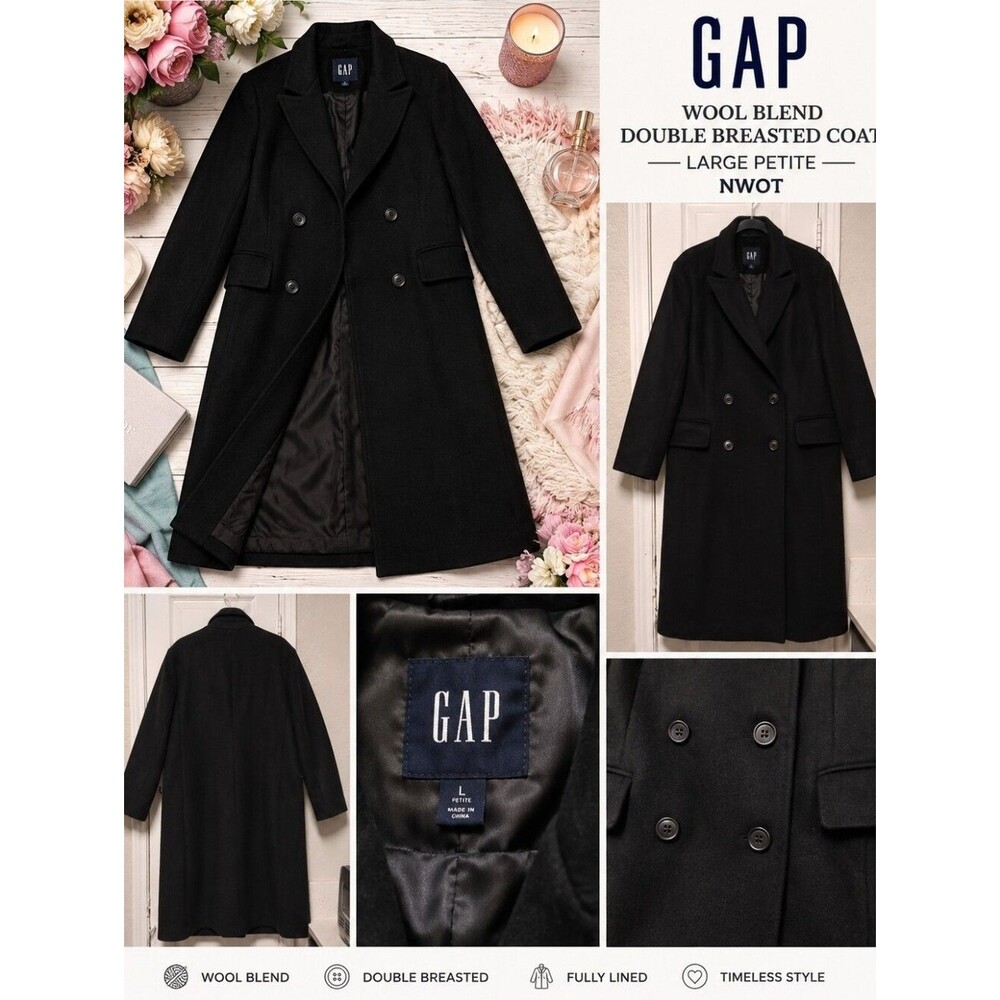 GAP Wool Coat |Timeless Tailored Wool| Black Double Breasted |LgPetite|Like New - Picture 5 of 10